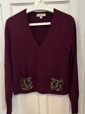 Burberry London Embellished Pocket V-Neck Sweater in Burgundy | Size M